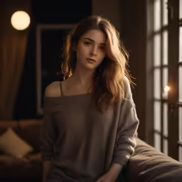 young woman with long hair sitting on brown sofa