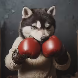 a husky dog dressed in a boxing outfit is boxing gloves