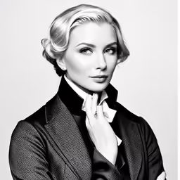 a woman in a suit poses for a picture