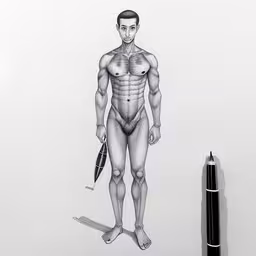 a man with no shirt in front of a drawing,a person in an outfit is holding a umbrella,a drawing of a body that appears to be man with no shirt on,a drawing of a man