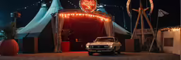 an old car parked next to an ornate circus structure