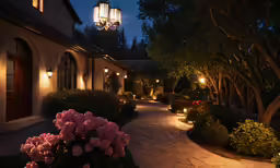 a lit pathway next to a building with flowers and lights