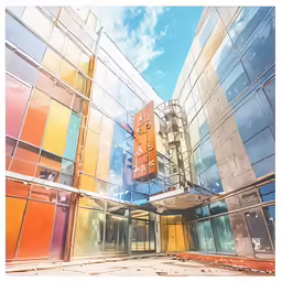 two very colorful buildings with glass windows