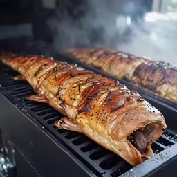 some food is cooking on the grill with smoke