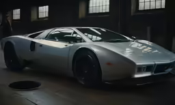the silver sports car is in the dark