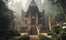 a medieval style building with a clock tower and garden