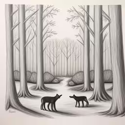 two dogs are standing in the snow near the trees