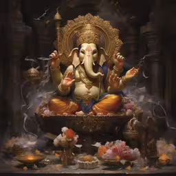 the large statue of a hindu elephant is surrounded by food,an elephant sits atop a decorative fountain in a temple