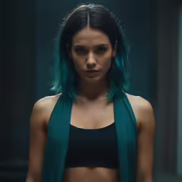 a young woman with blue hair wearing a black bra