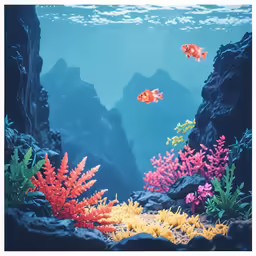 a beautiful coral reef with colorful corals and an orange fish