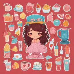 a small drawing of an anime girl surrounded by various types of drinks,cartoon girl with a crown and other items around her