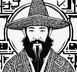 a man with a beard wearing a hat and coat,the japanese man with a beard, wearing a hat and wearing a large hat