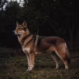 a brown and white dog standing in a grassy area