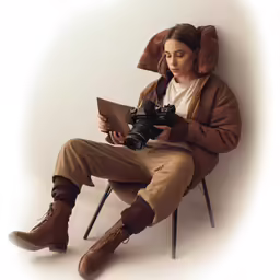 a woman holding a camera and sitting on a chair