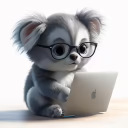 a small dog with glasses is holding a laptop