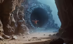 an astronaut and woman are in a cave