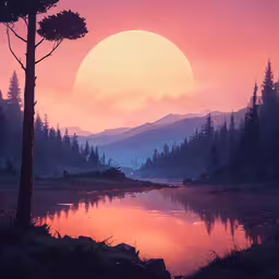 a beautiful scene shows the sun rising behind a forest,a lake and a tree near a forest with a setting sun