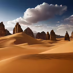 many rocks and sand dunes with the sky in the background