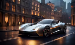 the futuristic concept car driving on a wet road