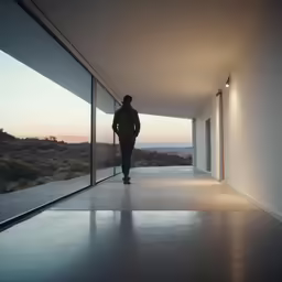 the silhouette of a person standing in a doorway looking out at an open landscape