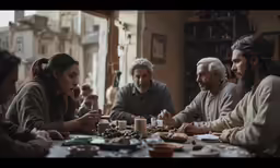 a group of people are eating around the dinner table