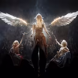 a person is holding an angel with two angels standing next to them