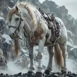 two horses standing on a snowy surface near rocks