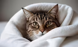 a cat with eyes wide open in a blanket