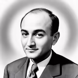 a black and white photo of a man wearing a suit