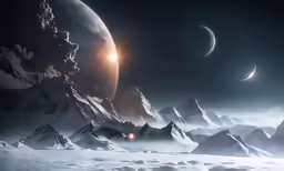 planets in outer space with mountains and snow