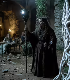 the man is standing near a vine bush