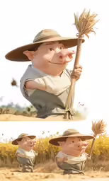 a cartoon picture of a farmer riding a small tree