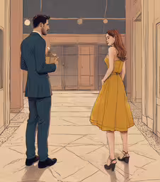 a couple is standing by a wall,a man in a suit and red tie is looking at a girl