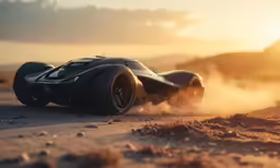 a black race car with dust coming out of the back
