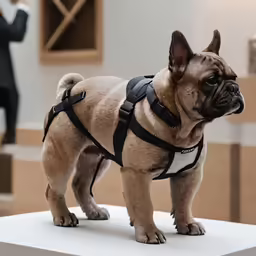 small dog in harness standing on a white platform