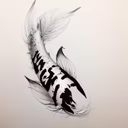 a drawing of an upside down fish with black and white graphics
