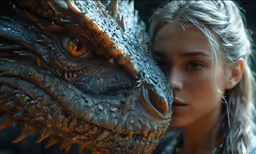 a girl is hugging the head of a dragon
