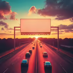 a group of cars driving down the road during sunset