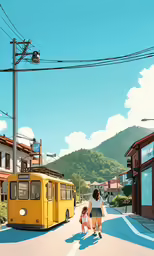 people walking down the road near a large yellow bus