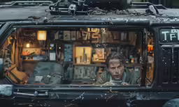 the man is driving through the rainy city