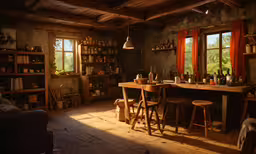 a table, chairs, shelves and lights in a room,an old country kitchen is well kept and open