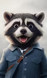 an adorable racoon in a blue coat and hat