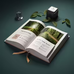 an open book sitting on top of a table next to a camera