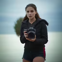 woman holding camera looking straight ahead by the beach