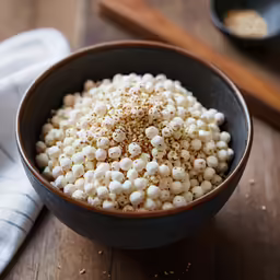 the bowl contains many white popcorn in it