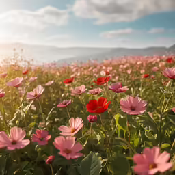 a field full of red flowers on top of a lush green field