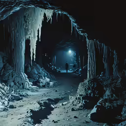 an underground dark cave filled with ice formations