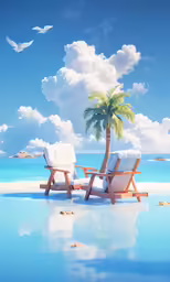 a pair of chairs sit on the beach under a palm tree