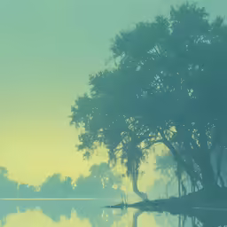 a boat is near a large tree and on a lake