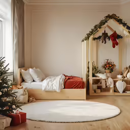 a room decorated for christmas with an arched bed and tree